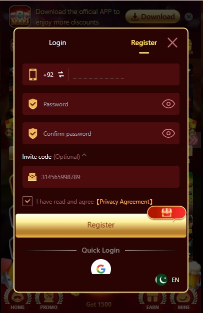 N999 Game APK Registration Screen